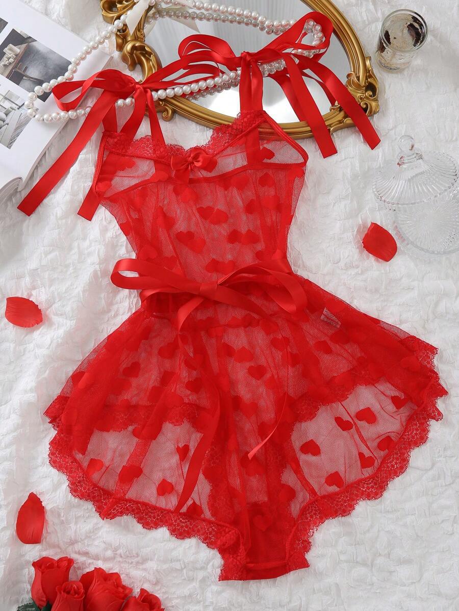 Lila Zen Sexy Red Heart Mesh Irregular Hem Pearl Backless Nightgown Lingerie Set