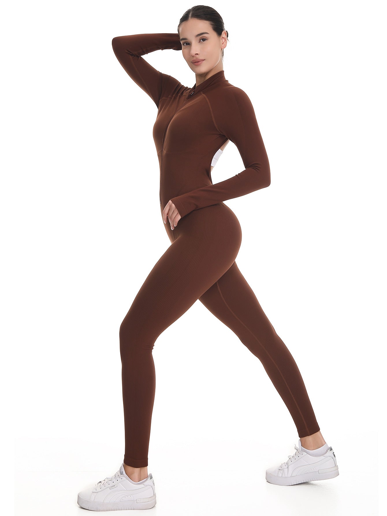Lila Zen Stand Collar Zipper Long Sleeve Bodysuit Seamless One-Piece Yoga Wear