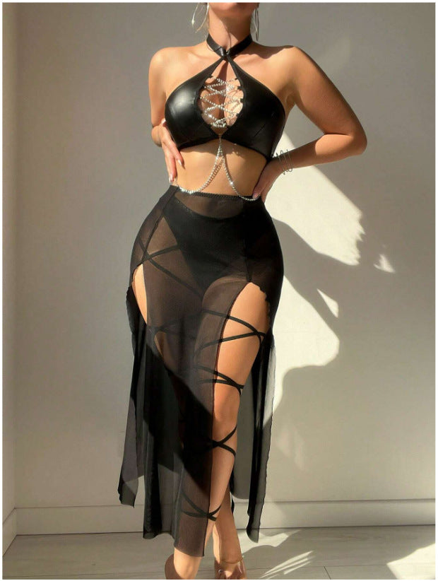 Lila Zen Sexy black bodysuit with openwork chain-link patent leather halter neck lingerie