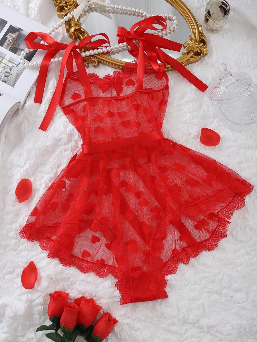 Lila Zen Sexy Red Heart Mesh Irregular Hem Pearl Backless Nightgown Lingerie Set