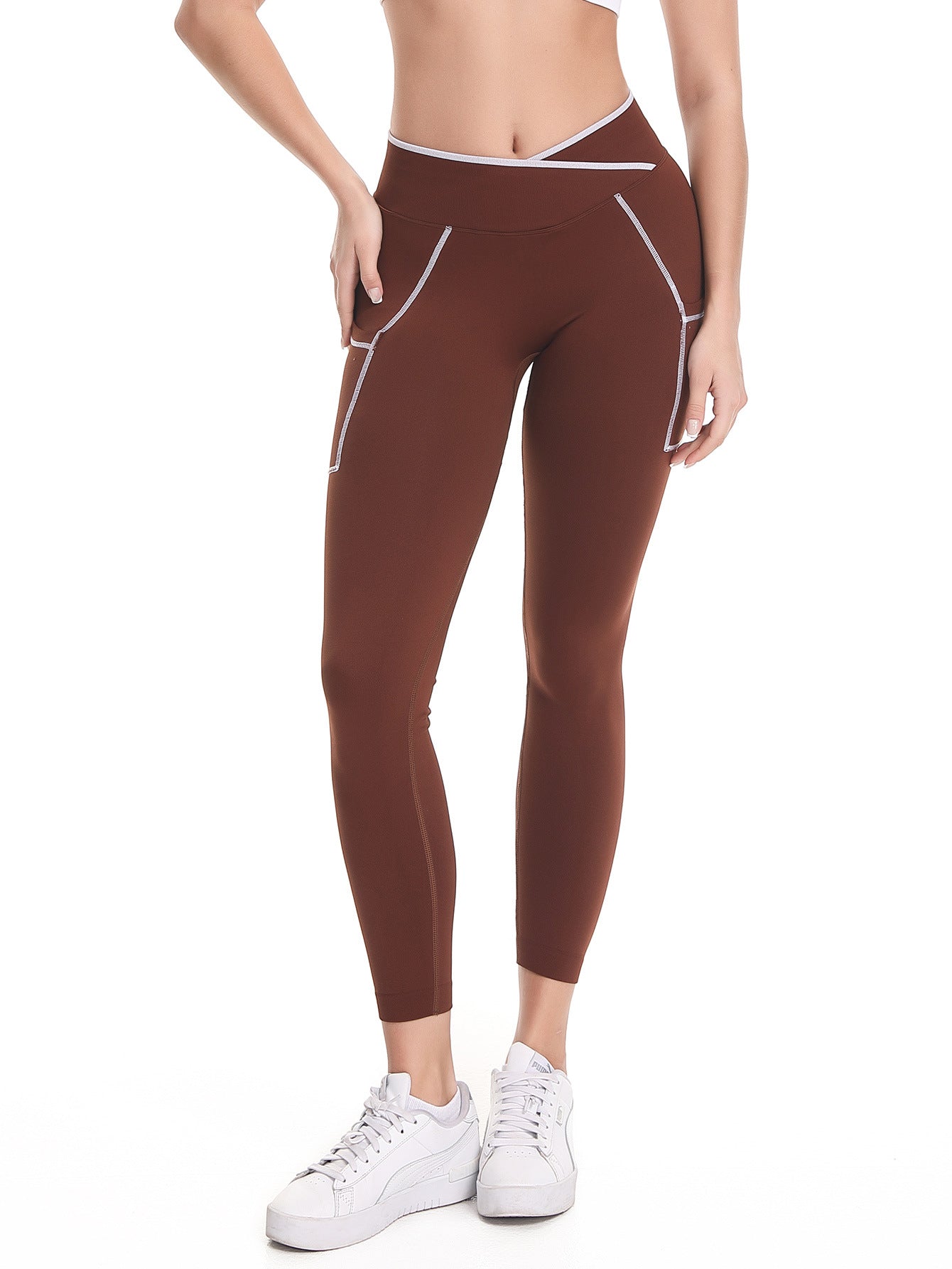 Lila Zen Seamless Color-Blocked Cross-Strap Pocket Yoga Pants