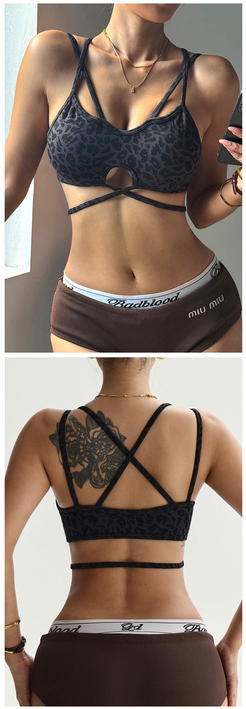 Lila Zen Leopard Print Double Shoulder Straps Crossback Sports Bra