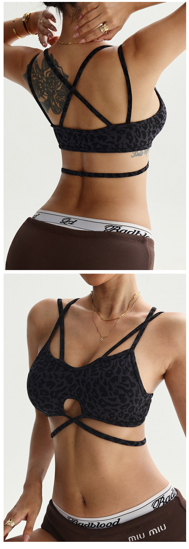 Lila Zen Leopard Print Double Shoulder Straps Crossback Sports Bra