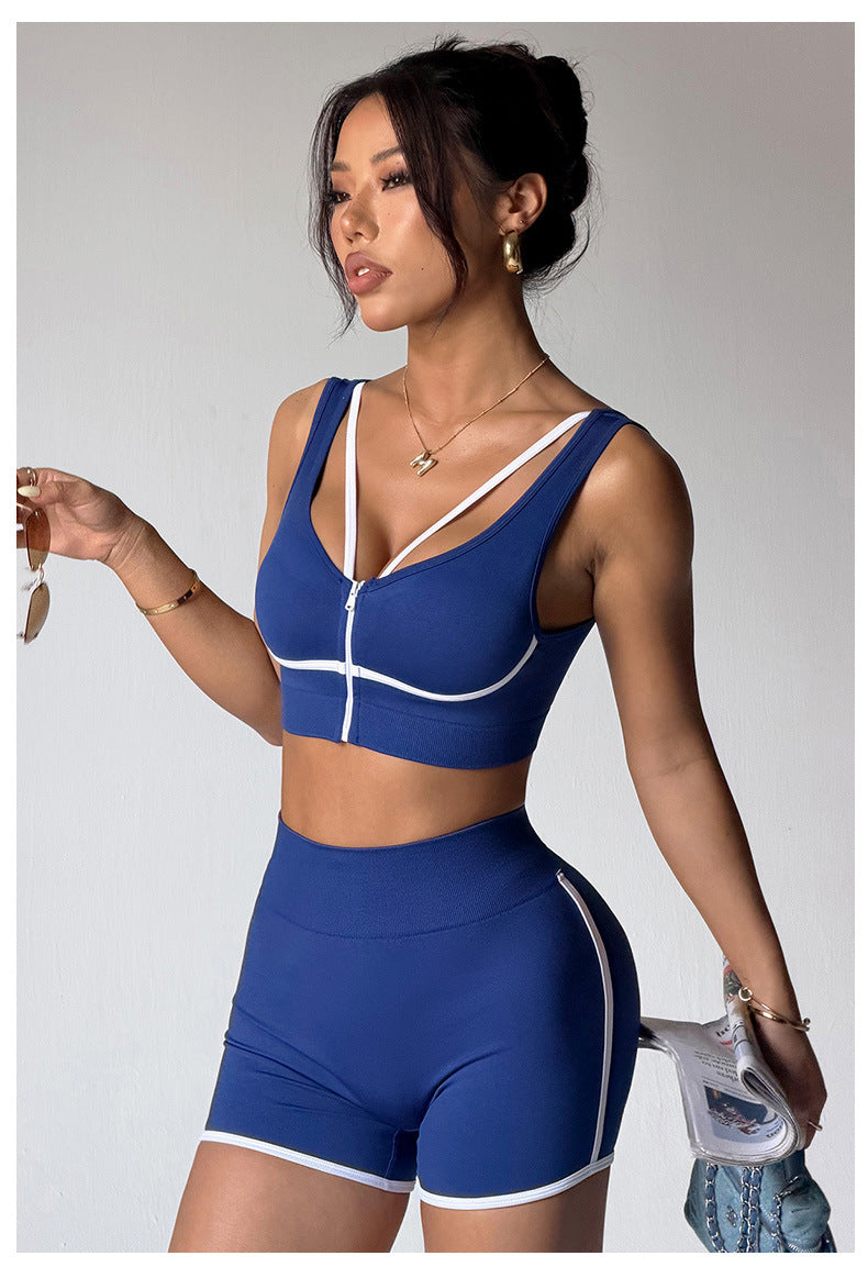 Color-blocked front zipper camisole bra + color-blocked yoga shorts set