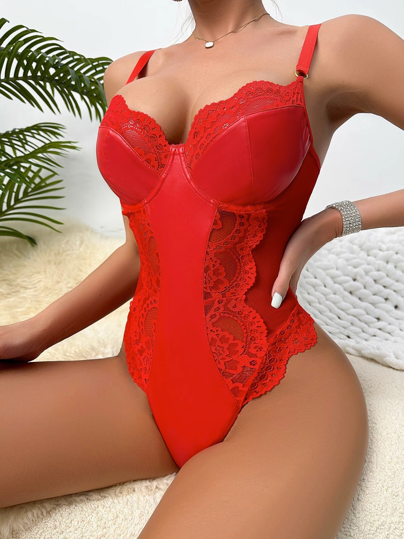 Lila Zen Sexy Hollowed-out Lace Patent Leather Bodysuit Lingerie Set