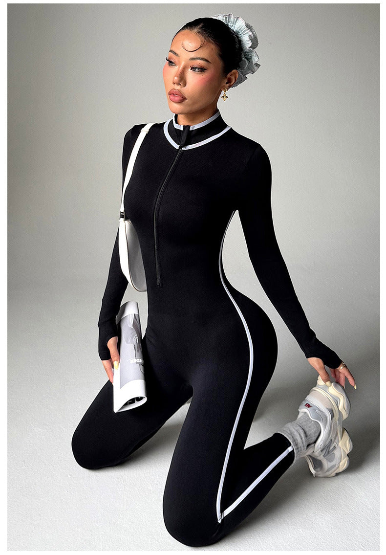 Lila Zen Stand Collar Slim Fit Zipper Color Block Trim Long Sleeve Yoga/Fitness Bodysuit