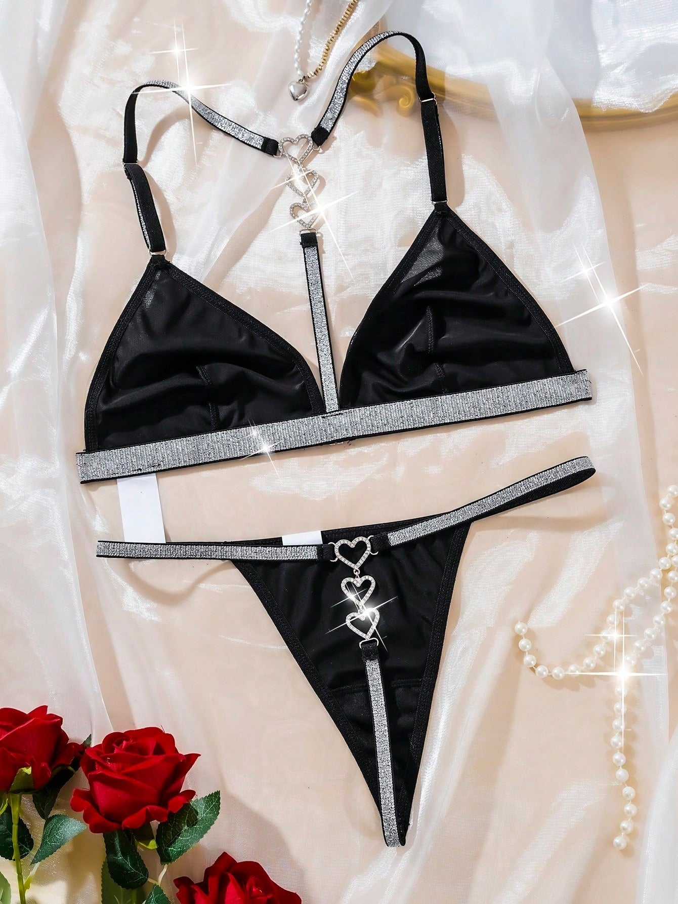 Lila Zen Sexy Three-Piece Silver Glitter Patent Leather Lingerie Set