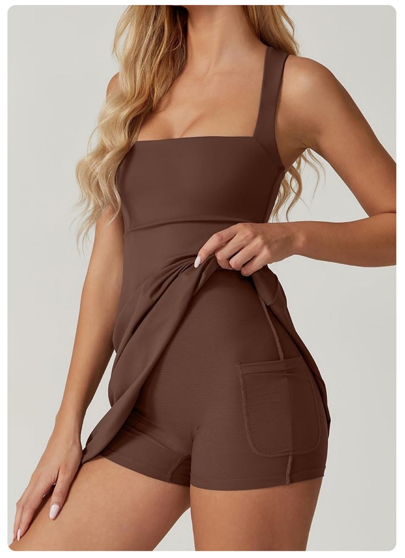 Lila Zen Square Neck Halter Backless Tennis Dress with Built-in Shorts and Pockets