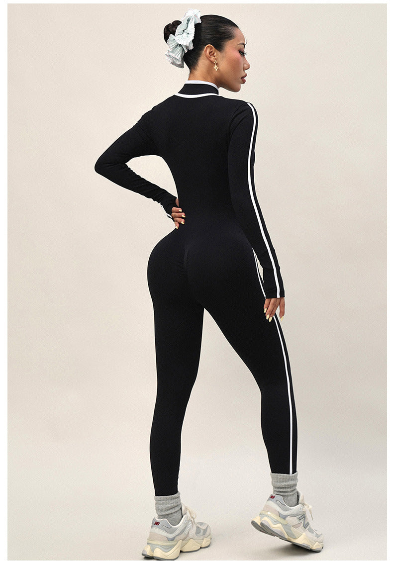 Lila Zen Stand Collar Slim Fit Zipper Color Block Trim Long Sleeve Yoga/Fitness Bodysuit