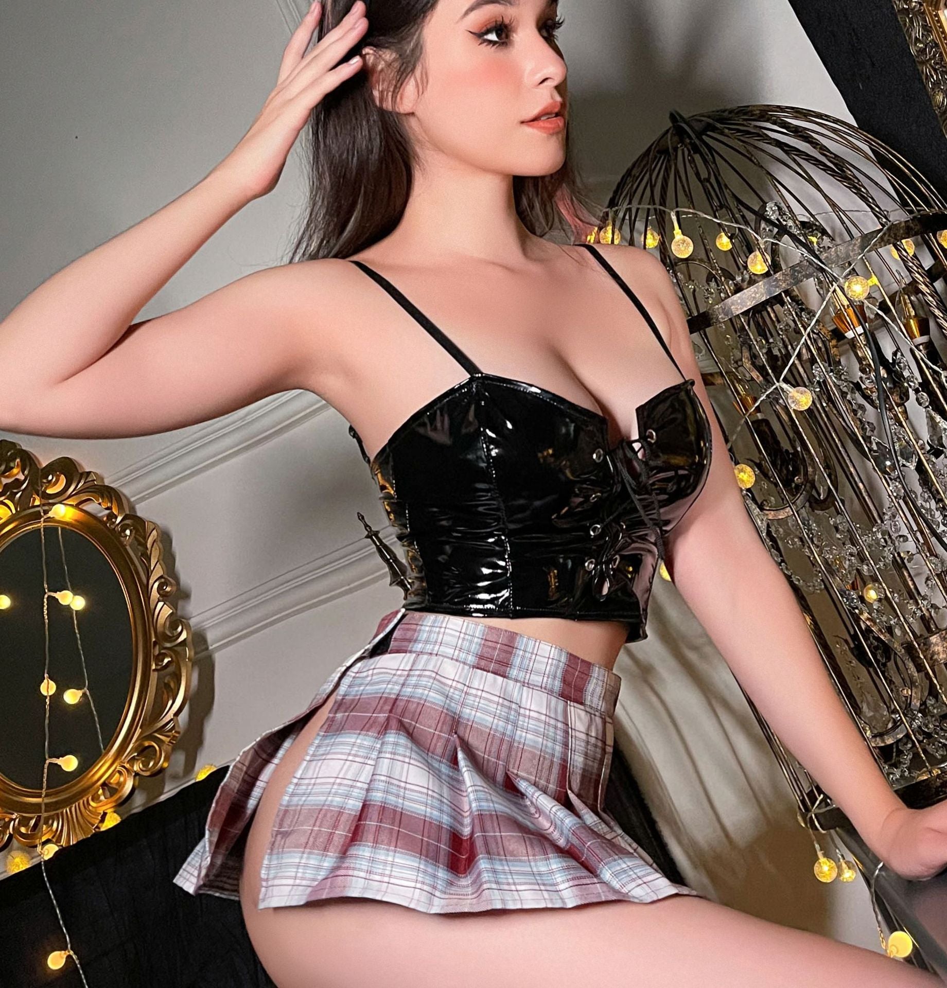 Lila Zen Mini Skirt Slit Sexy Suspender Lingerie Set (No Need to Take Off) Patent Leather Uniform Set
