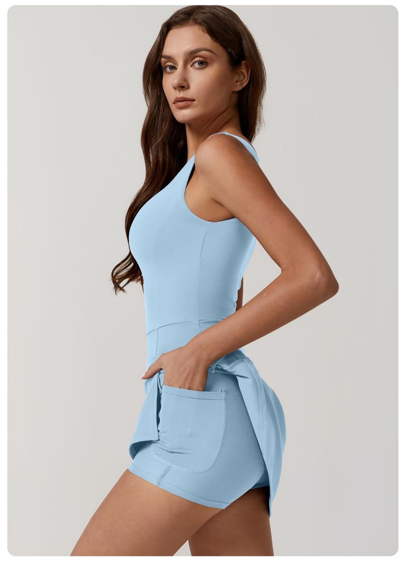 Lila Zen Women's One-Shoulder Sleeveless Tennis Dress with Built-in Shorts and Pockets