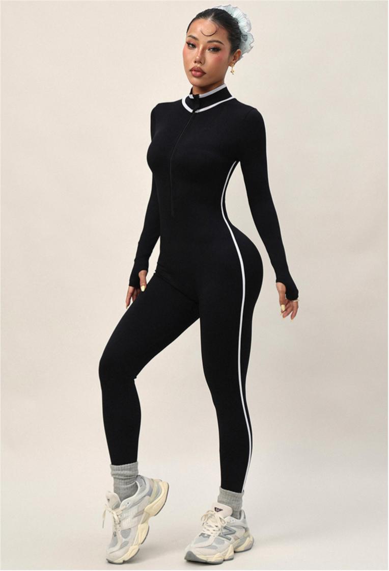 Lila Zen Stand Collar Slim Fit Zipper Color Block Trim Long Sleeve Yoga/Fitness Bodysuit