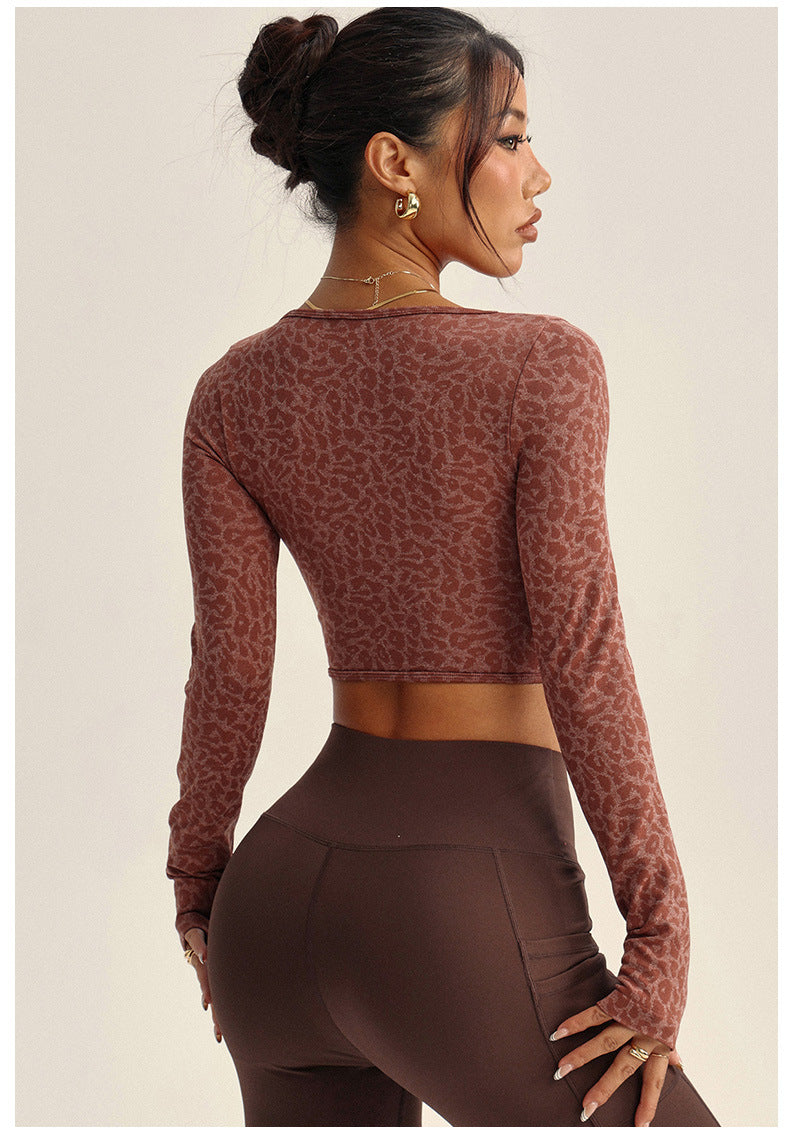 Lila Zen U Leopard Print Deep U-Neck Long-Sleeve Yoga Top