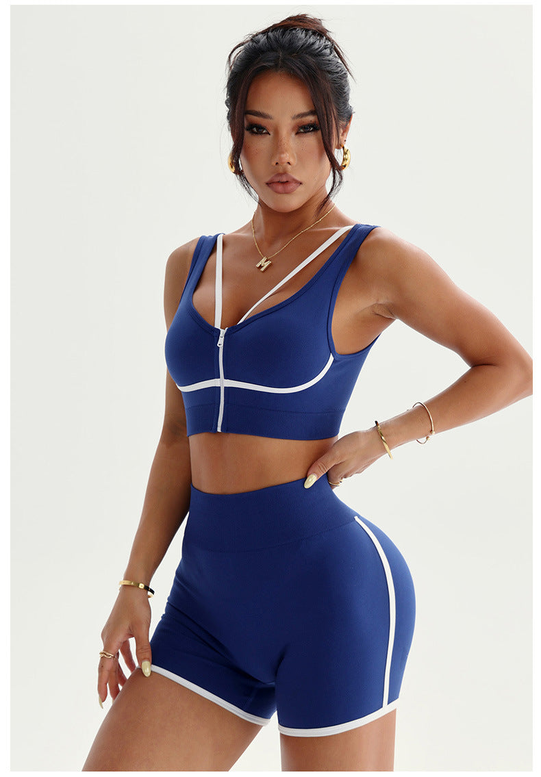 Color-blocked front zipper camisole bra + color-blocked yoga shorts set