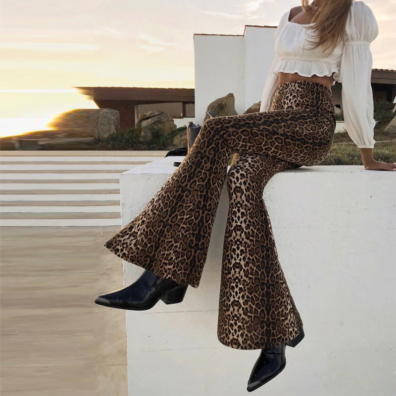 Lila Zen Fashion Elastic High-Waisted Leopard Print Flare Pants