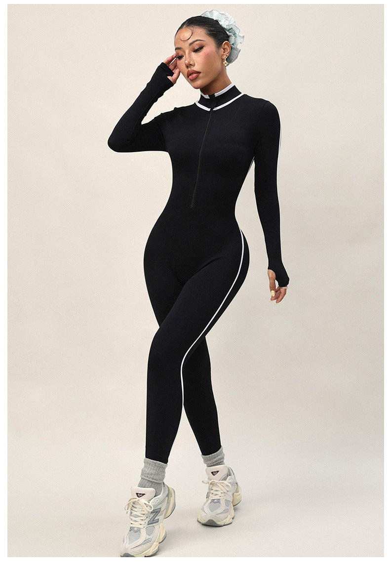 Lila Zen Stand Collar Slim Fit Zipper Color Block Trim Long Sleeve Yoga/Fitness Bodysuit