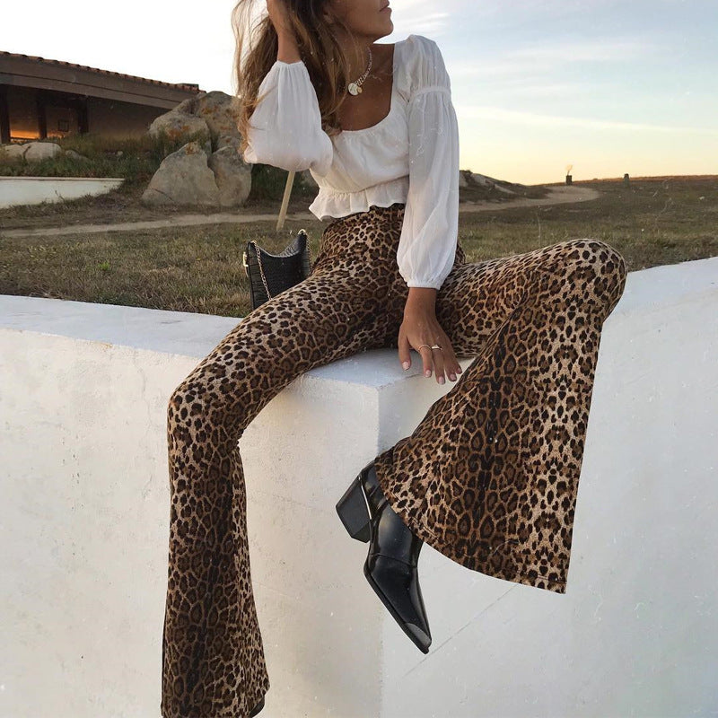 Lila Zen Fashion Elastic High-Waisted Leopard Print Flare Pants