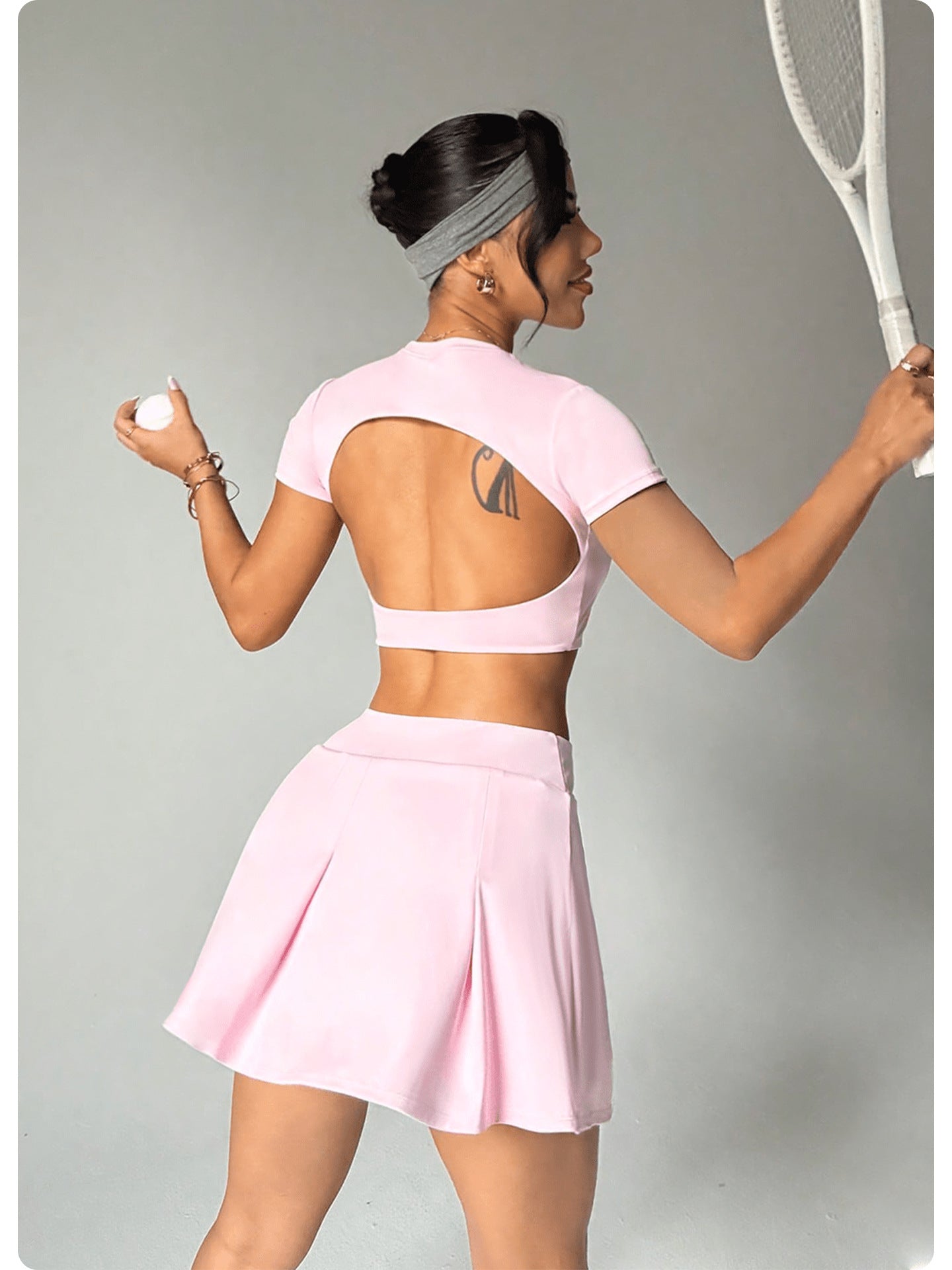 Lila Zen A Lila Zen Slim-fit backless short-sleeved anti-exposure A-line pocket tennis skirt yoga suit