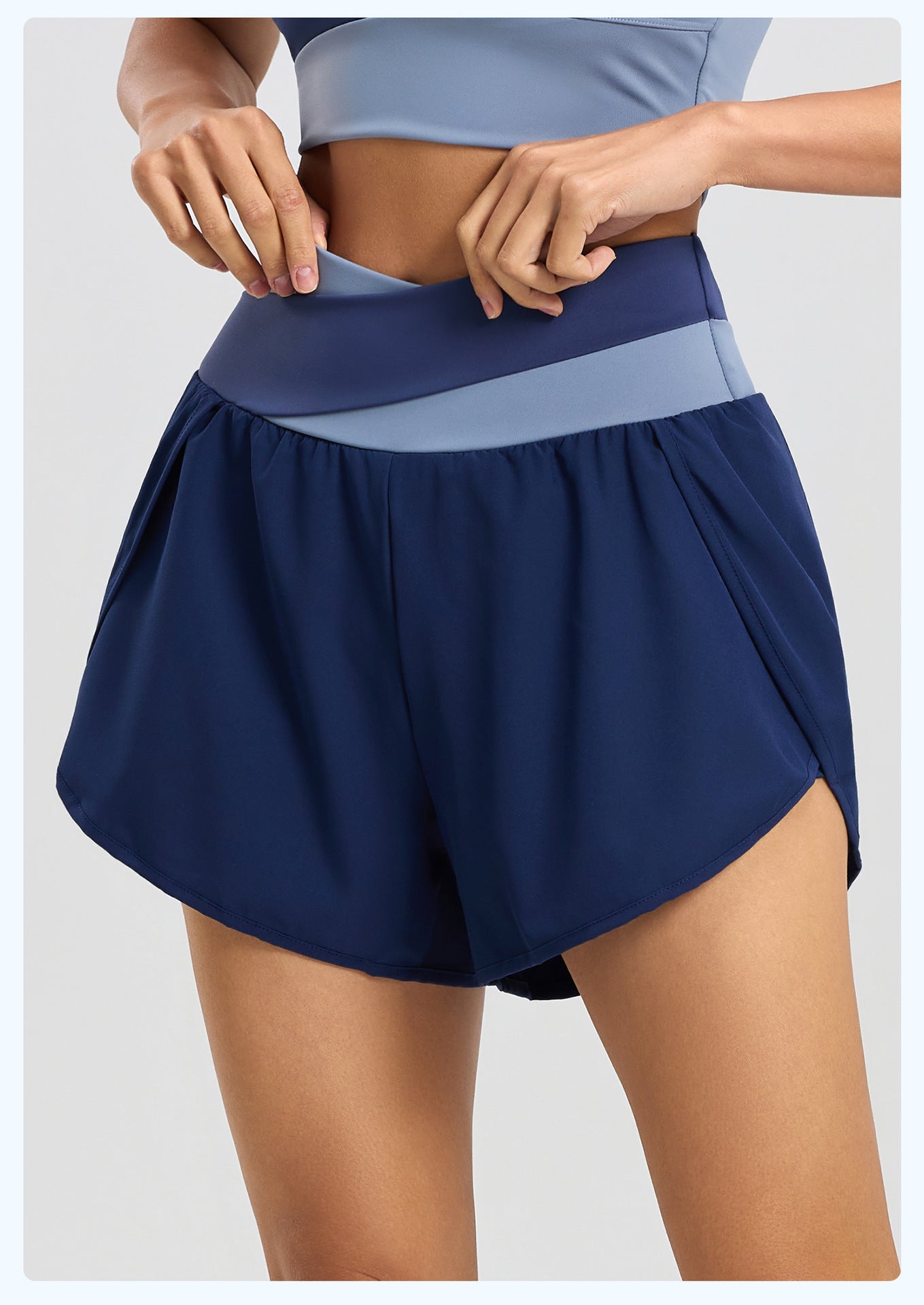 Lila Zen Women's Crossover High-Waisted Color-Blocked Faux Two-Piece Yoga Shorts