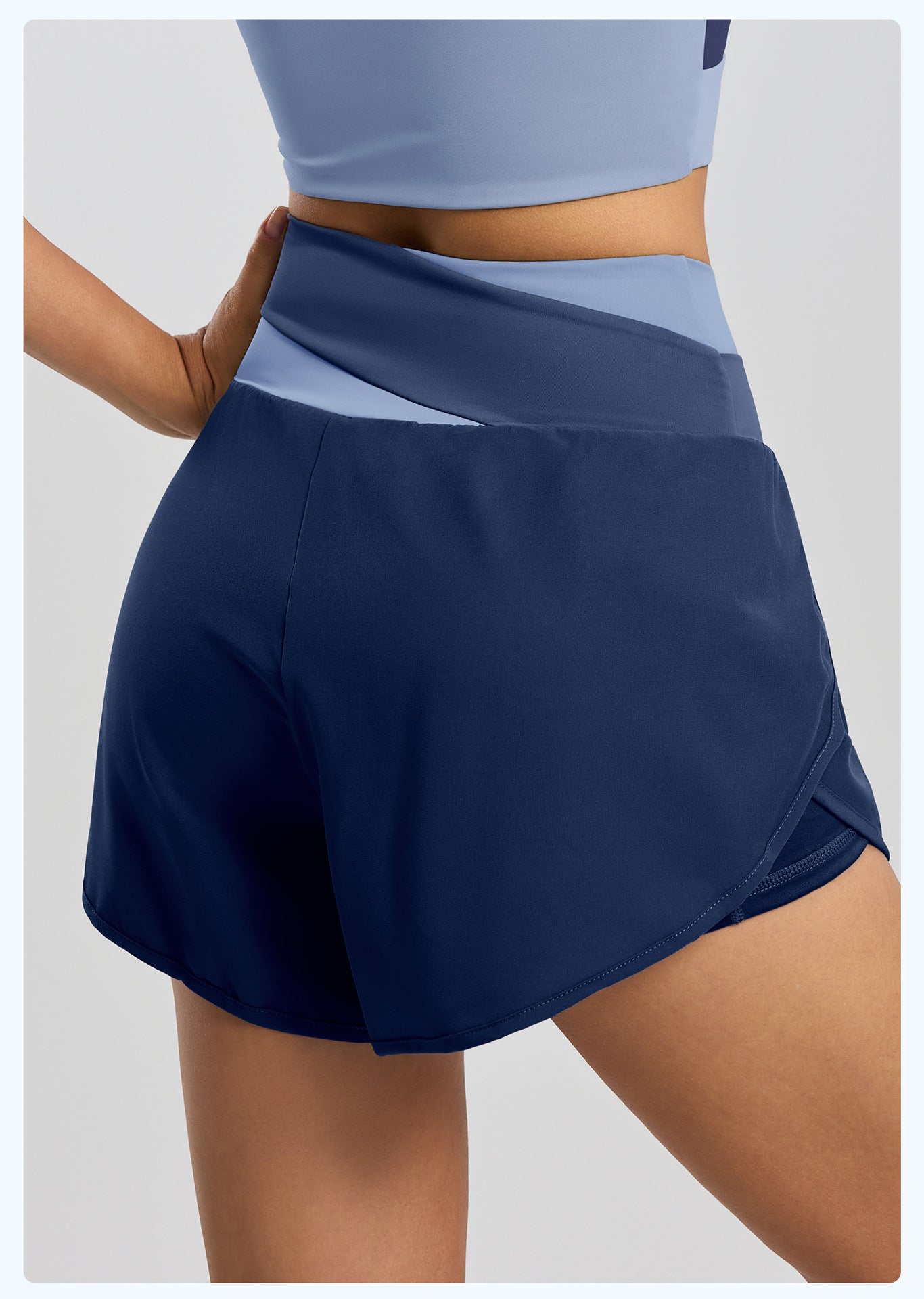 Lila Zen Women's Crossover High-Waisted Color-Blocked Faux Two-Piece Yoga Shorts