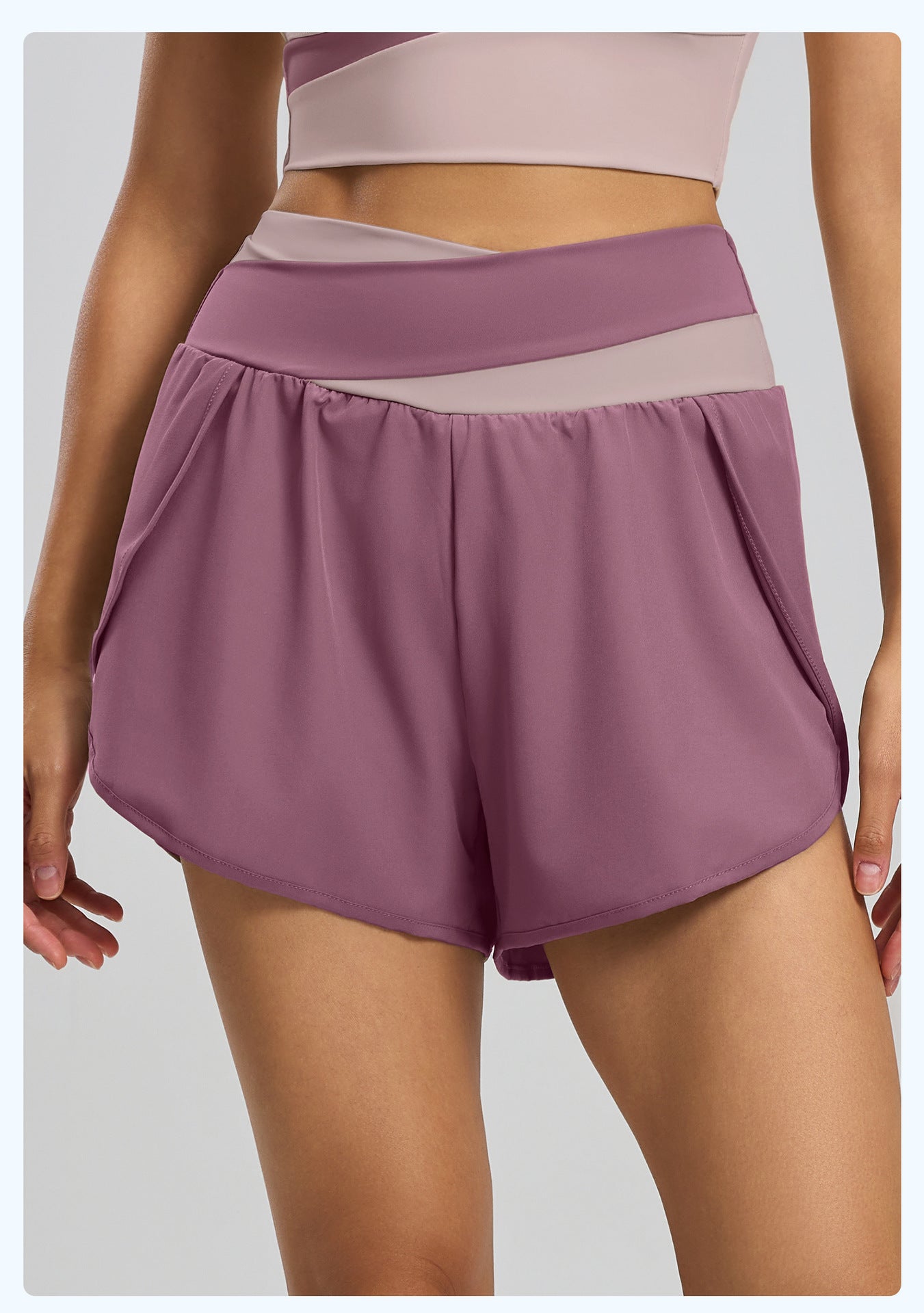 Lila Zen Women's Crossover High-Waisted Color-Blocked Faux Two-Piece Yoga Shorts