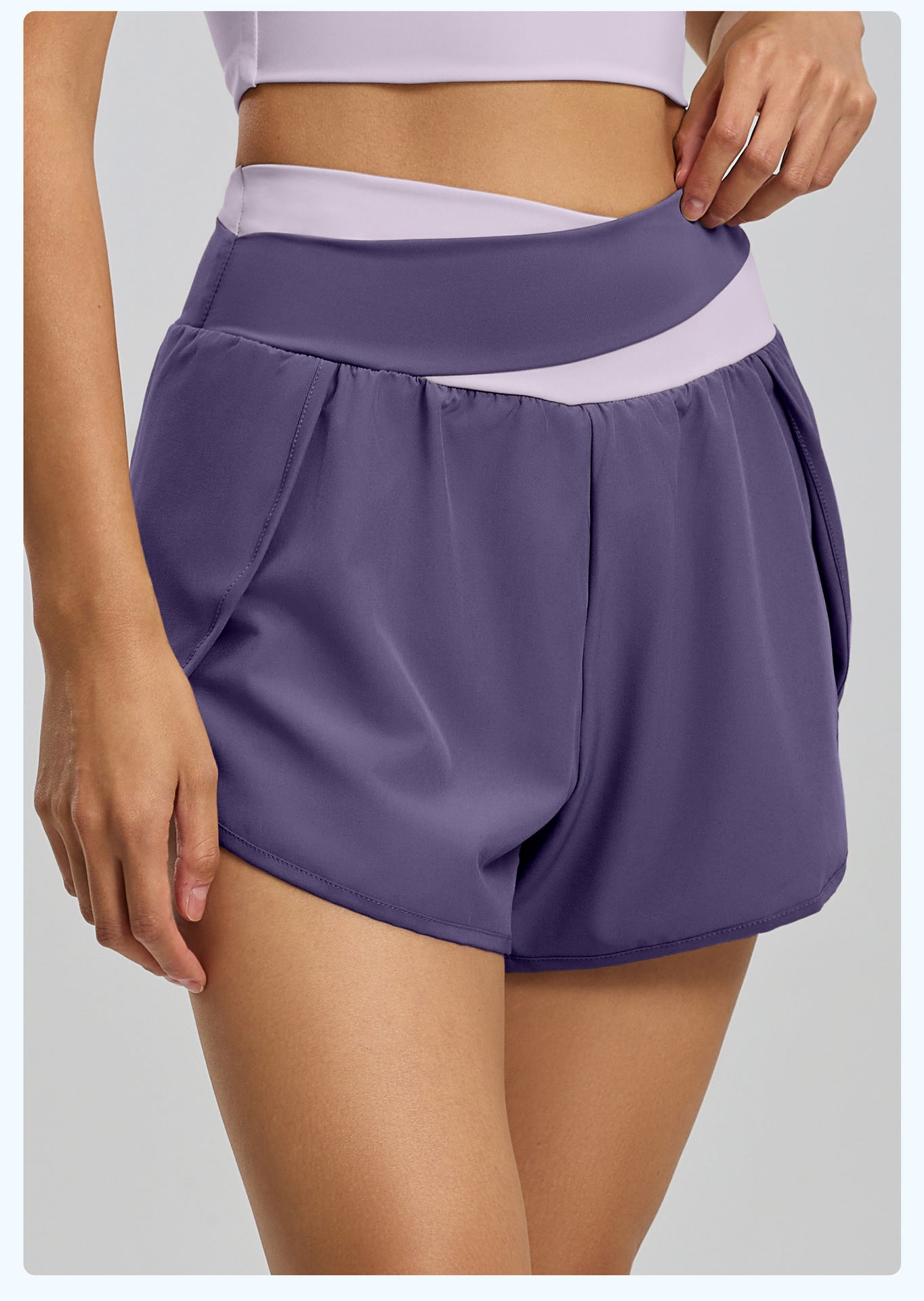 Lila Zen Women's Crossover High-Waisted Color-Blocked Faux Two-Piece Yoga Shorts