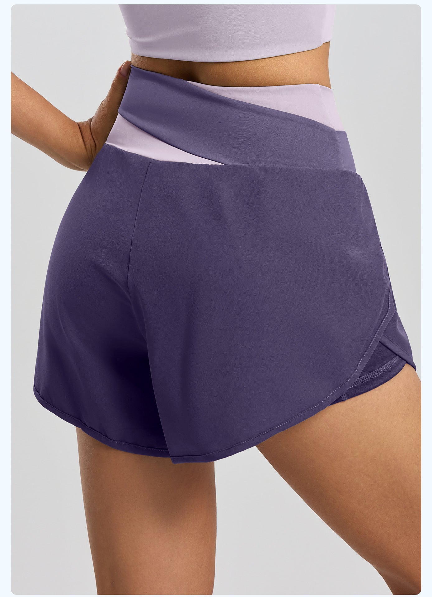 Lila Zen Women's Crossover High-Waisted Color-Blocked Faux Two-Piece Yoga Shorts