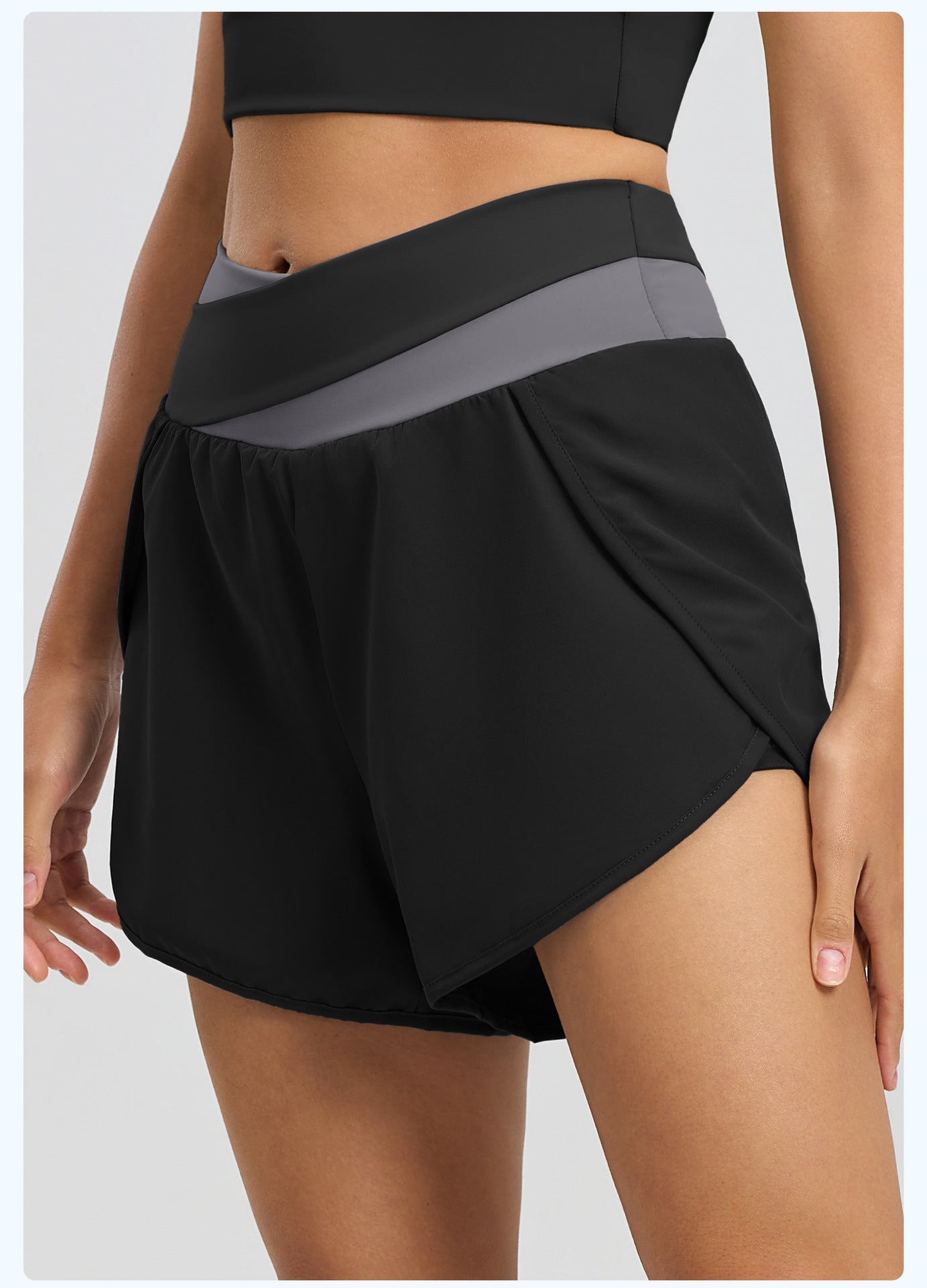 Lila Zen Women's Crossover High-Waisted Color-Blocked Faux Two-Piece Yoga Shorts