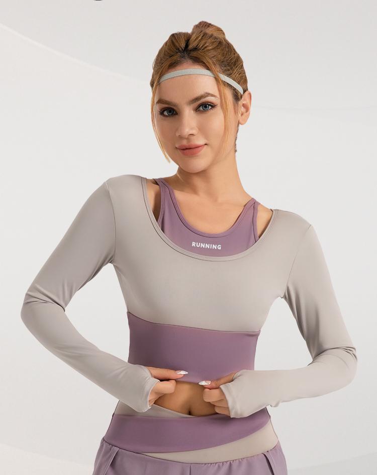 Lila Zen Shockproof Color-Blocked Faux Two-Piece Long-Sleeved Yoga Wear