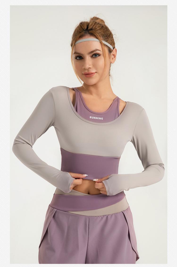 Lila Zen Shockproof Color-Blocked Faux Two-Piece Long-Sleeved Yoga Wear