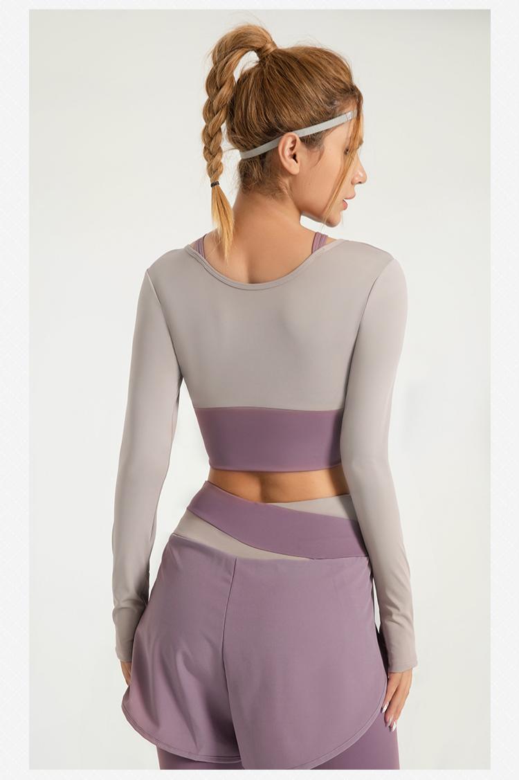 Lila Zen Shockproof Color-Blocked Faux Two-Piece Long-Sleeved Yoga Wear