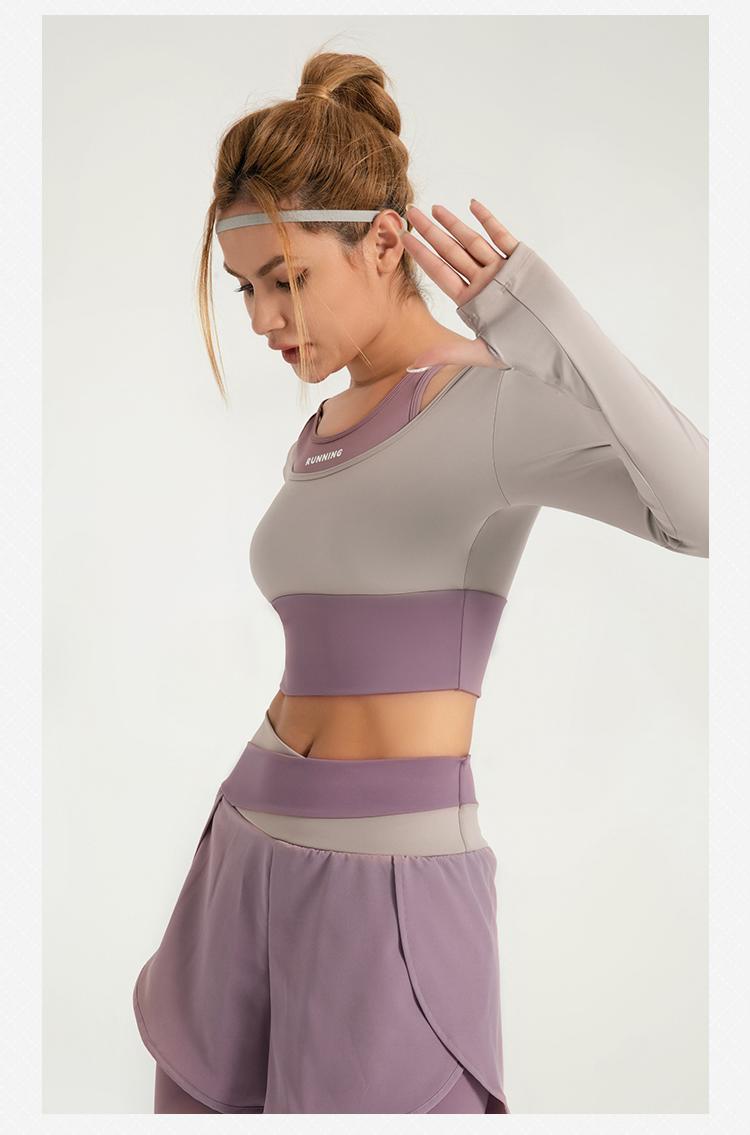 Lila Zen Shockproof Color-Blocked Faux Two-Piece Long-Sleeved Yoga Wear