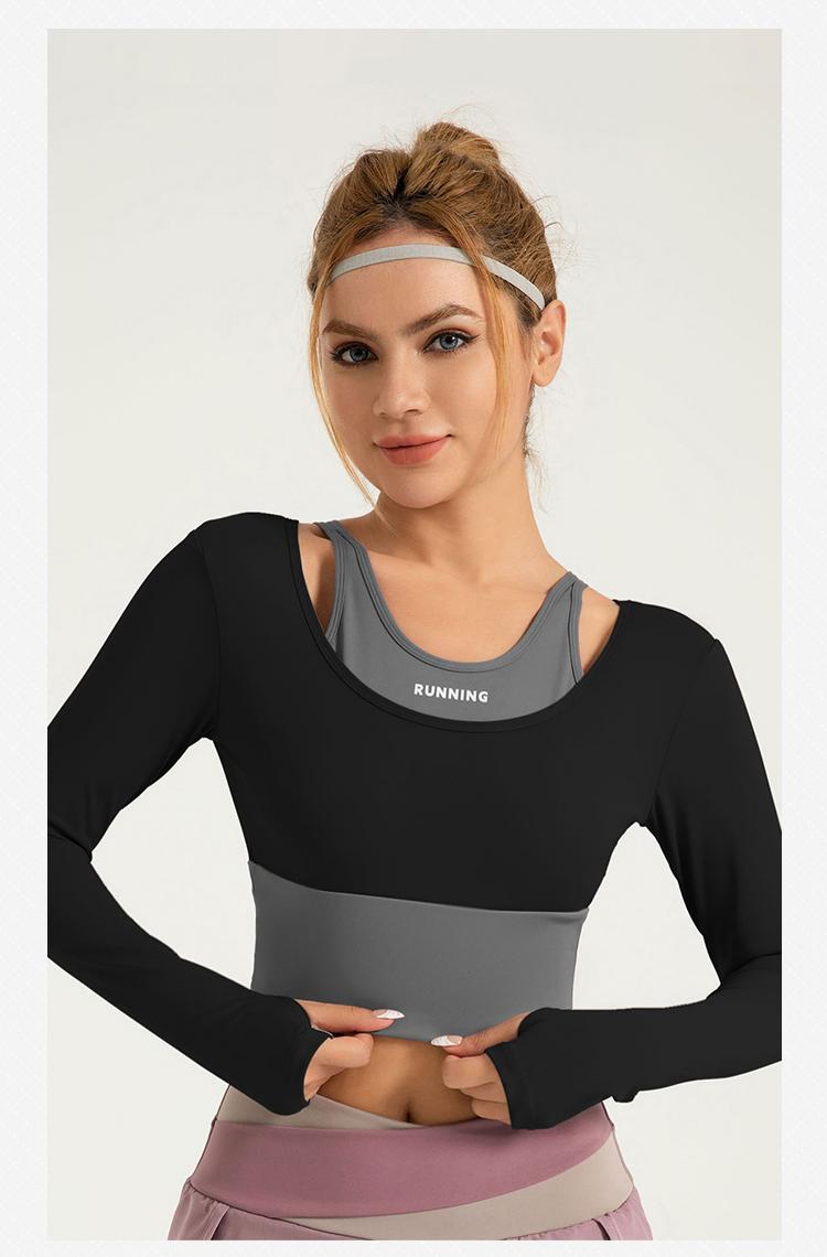 Lila Zen Shockproof Color-Blocked Faux Two-Piece Long-Sleeved Yoga Wear