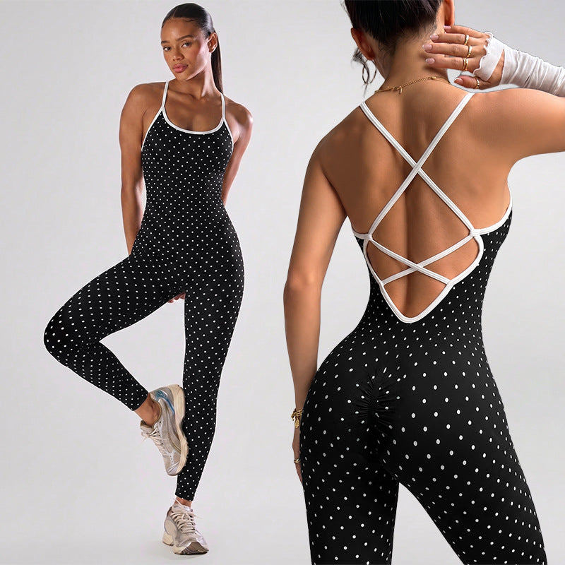 Women's Polka Dot Backless Yoga Jumpsuit - Strappy Sleeveless One-Piece Athletic Workout Bodysuit