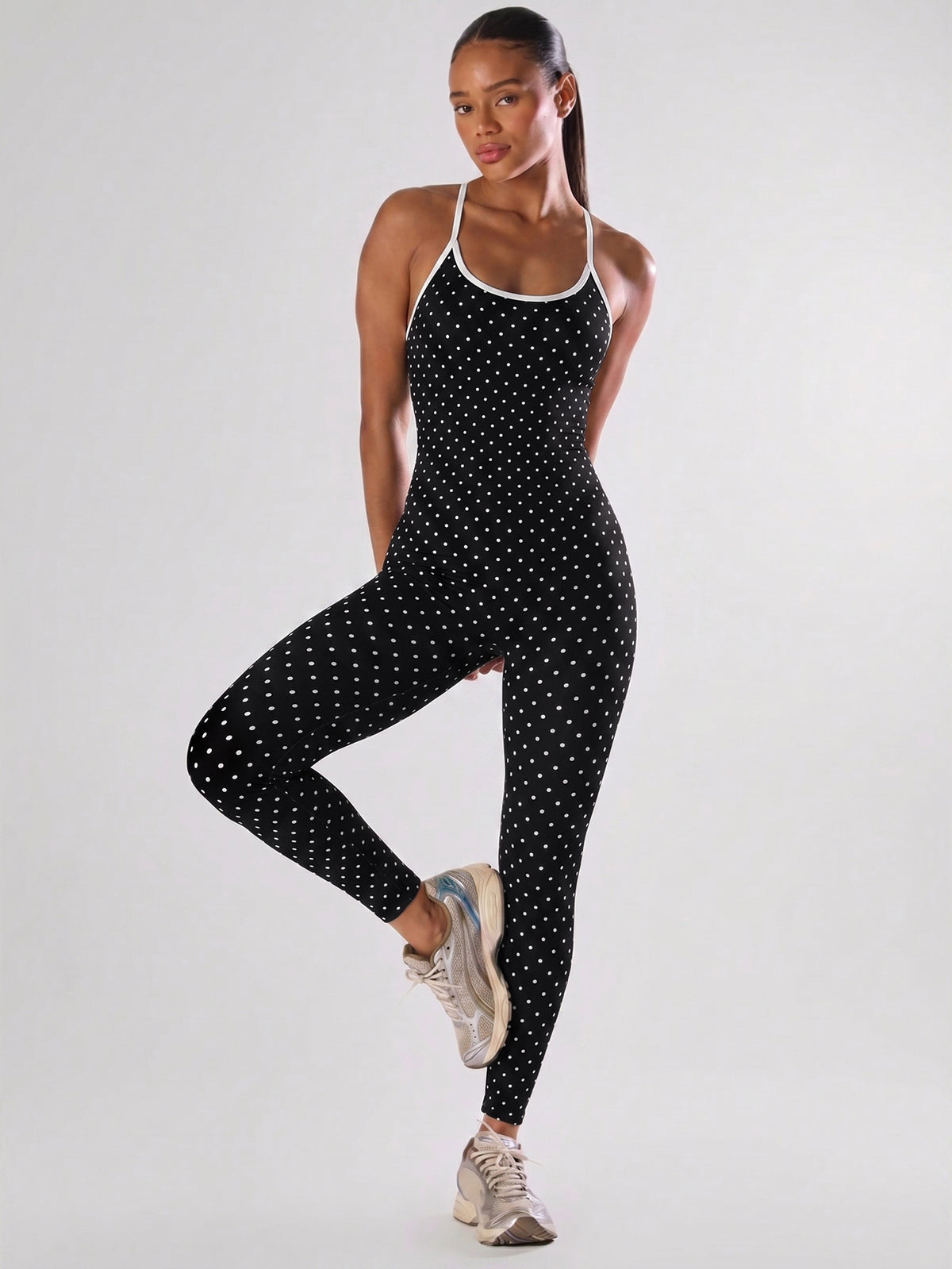 Women's Polka Dot Backless Yoga Jumpsuit - Strappy Sleeveless One-Piece Athletic Workout Bodysuit