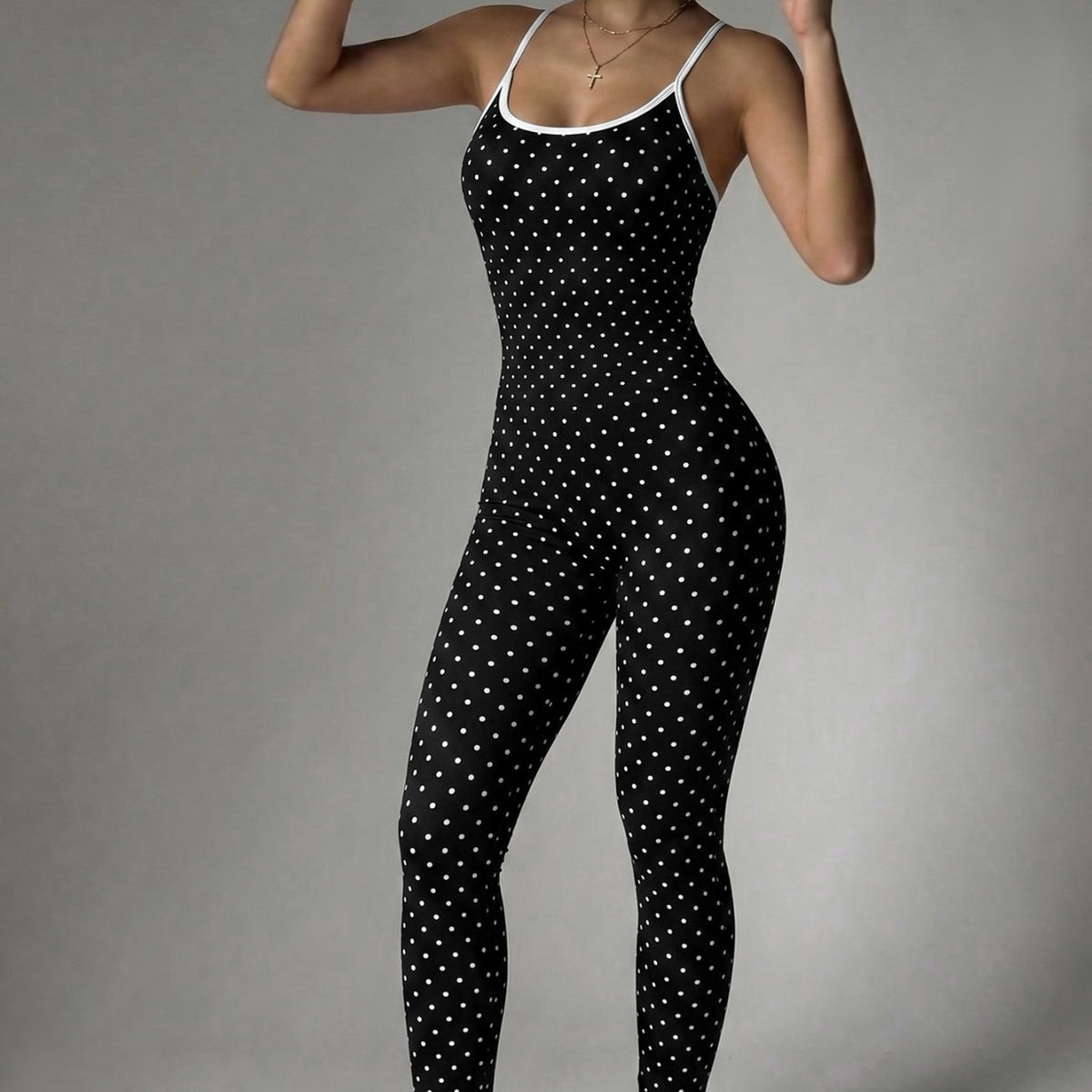 Women's Polka Dot Backless Yoga Jumpsuit - Strappy Sleeveless One-Piece Athletic Workout Bodysuit