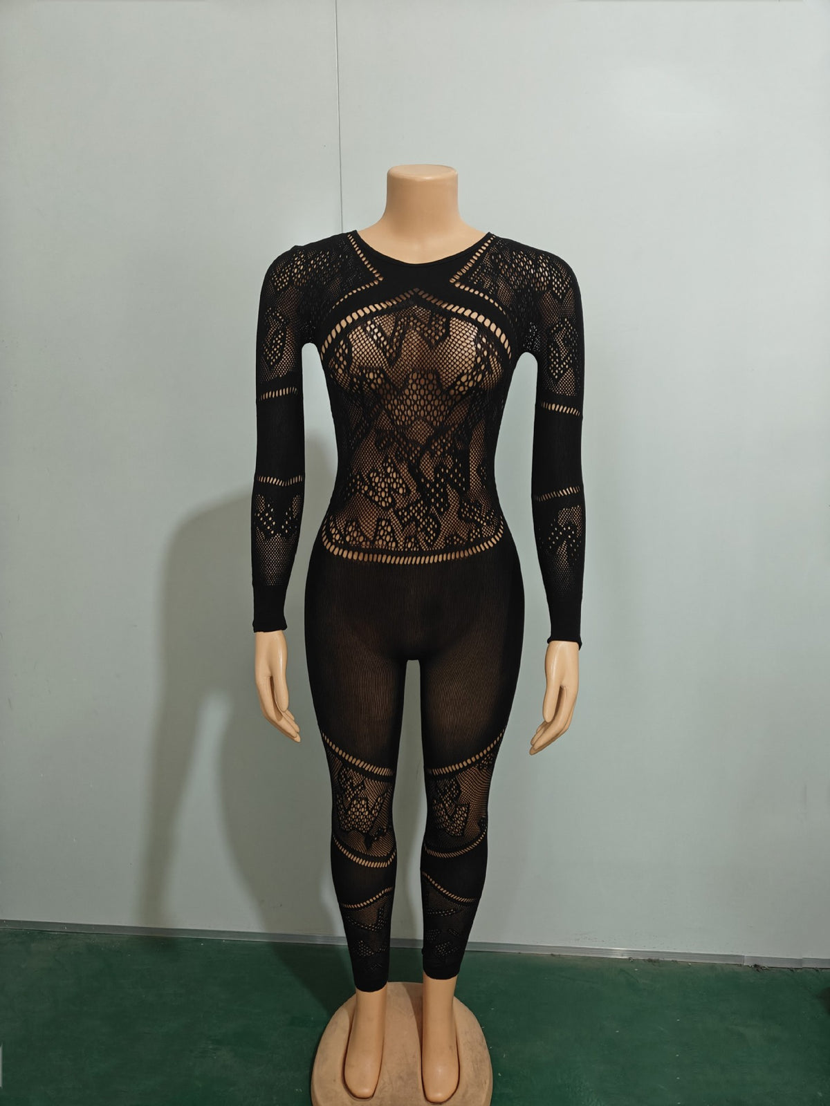 Women's Sexy High-Stretch Knit Jumpsuit Thick Reversible Long Sleeve Catsuit Black Streetwear Free Size