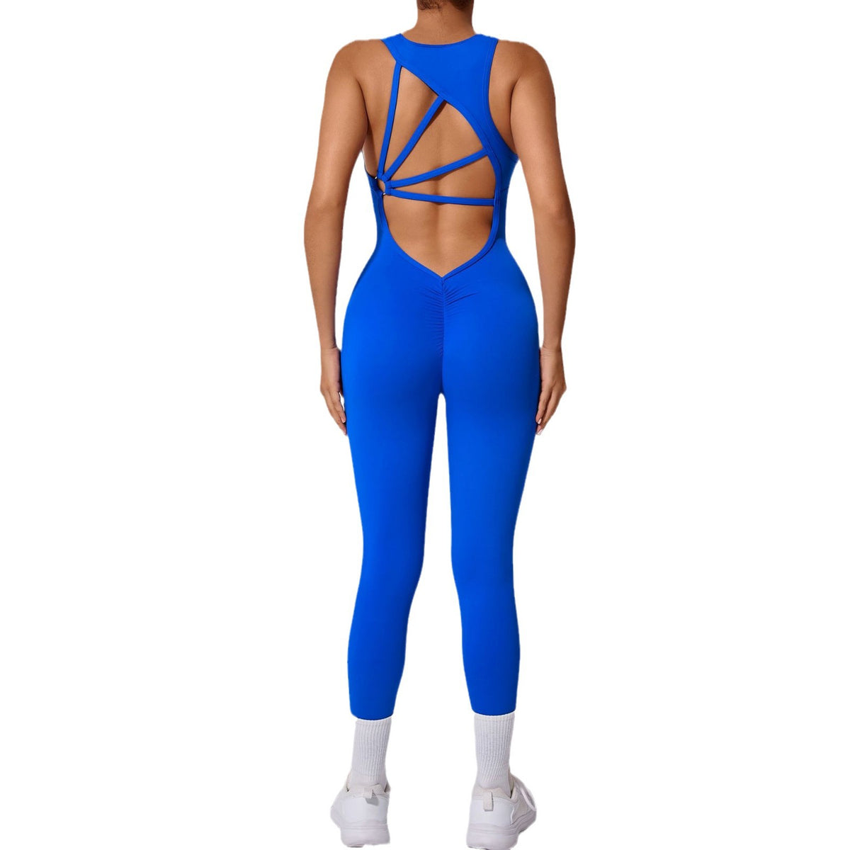 Women's Sleeveless Fan-Back One-Piece Yoga Jumpsuit Solid Color Slim Fit Athletic Bodysuit for Running & Fitness