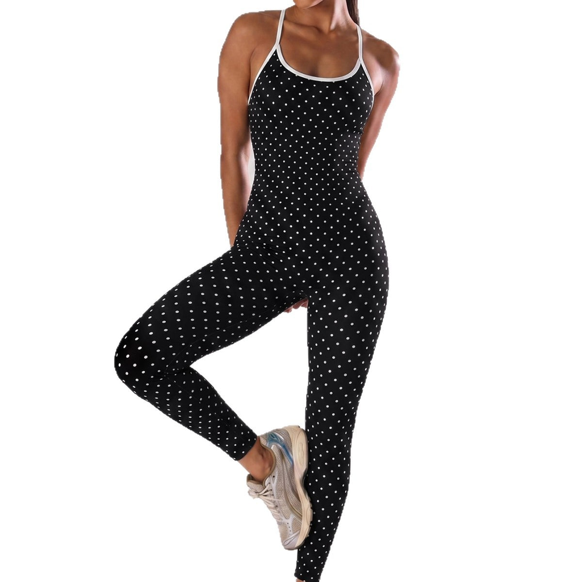 Women's Polka Dot Backless Yoga Jumpsuit - Strappy Sleeveless One-Piece Athletic Workout Bodysuit