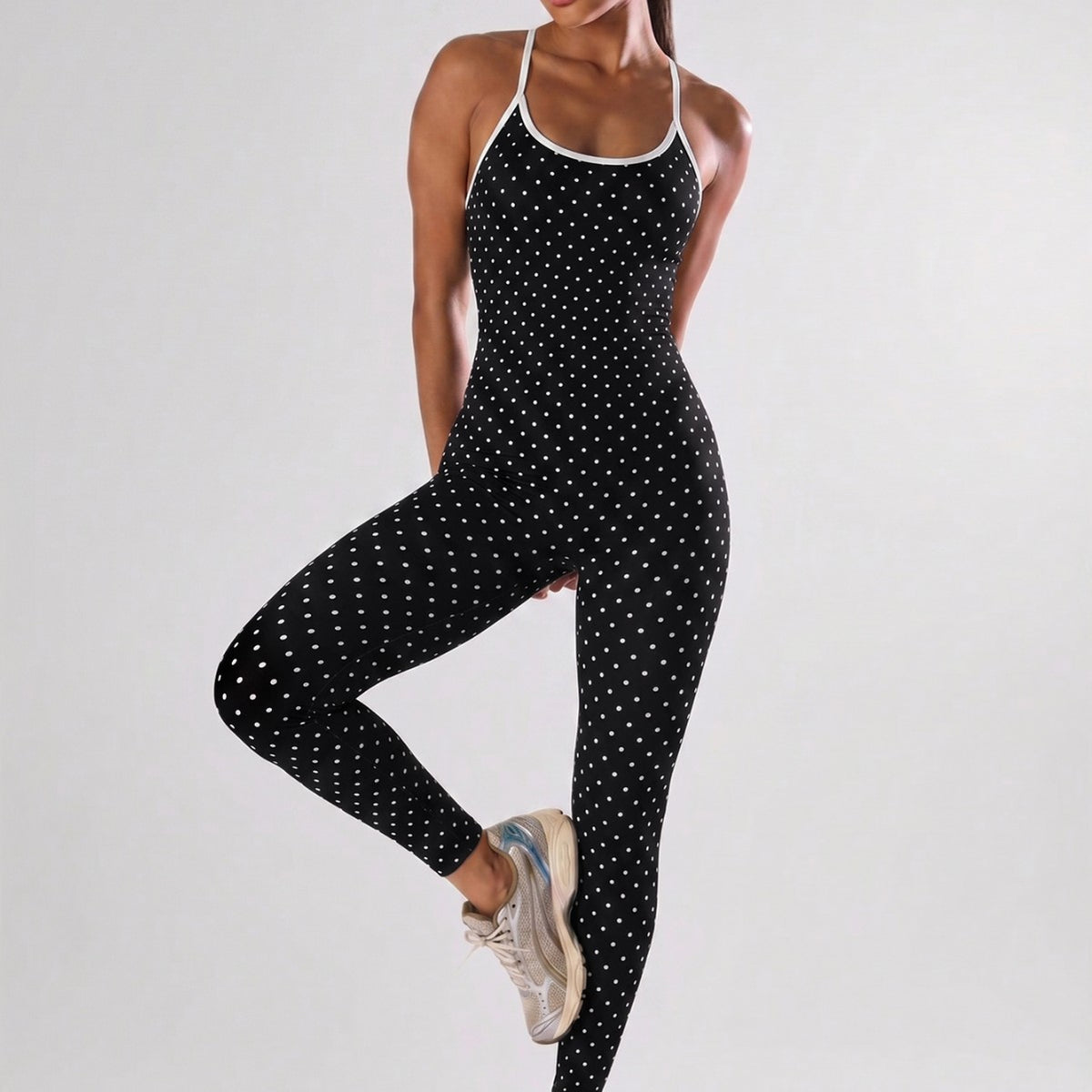 Women's Polka Dot Backless Yoga Jumpsuit - Strappy Sleeveless One-Piece Athletic Workout Bodysuit