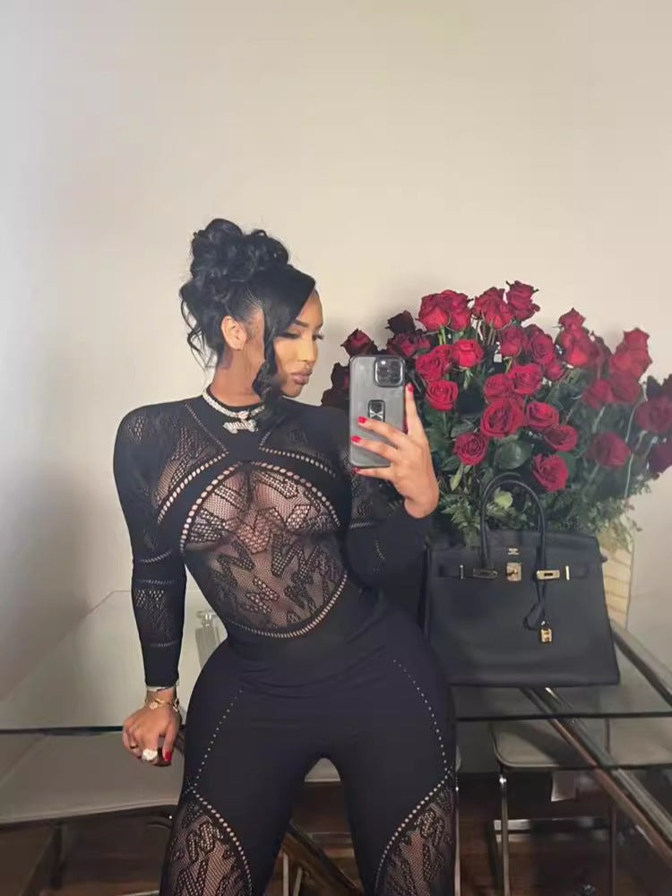 Women's Sexy High-Stretch Knit Jumpsuit Thick Reversible Long Sleeve Catsuit Black Streetwear Free Size