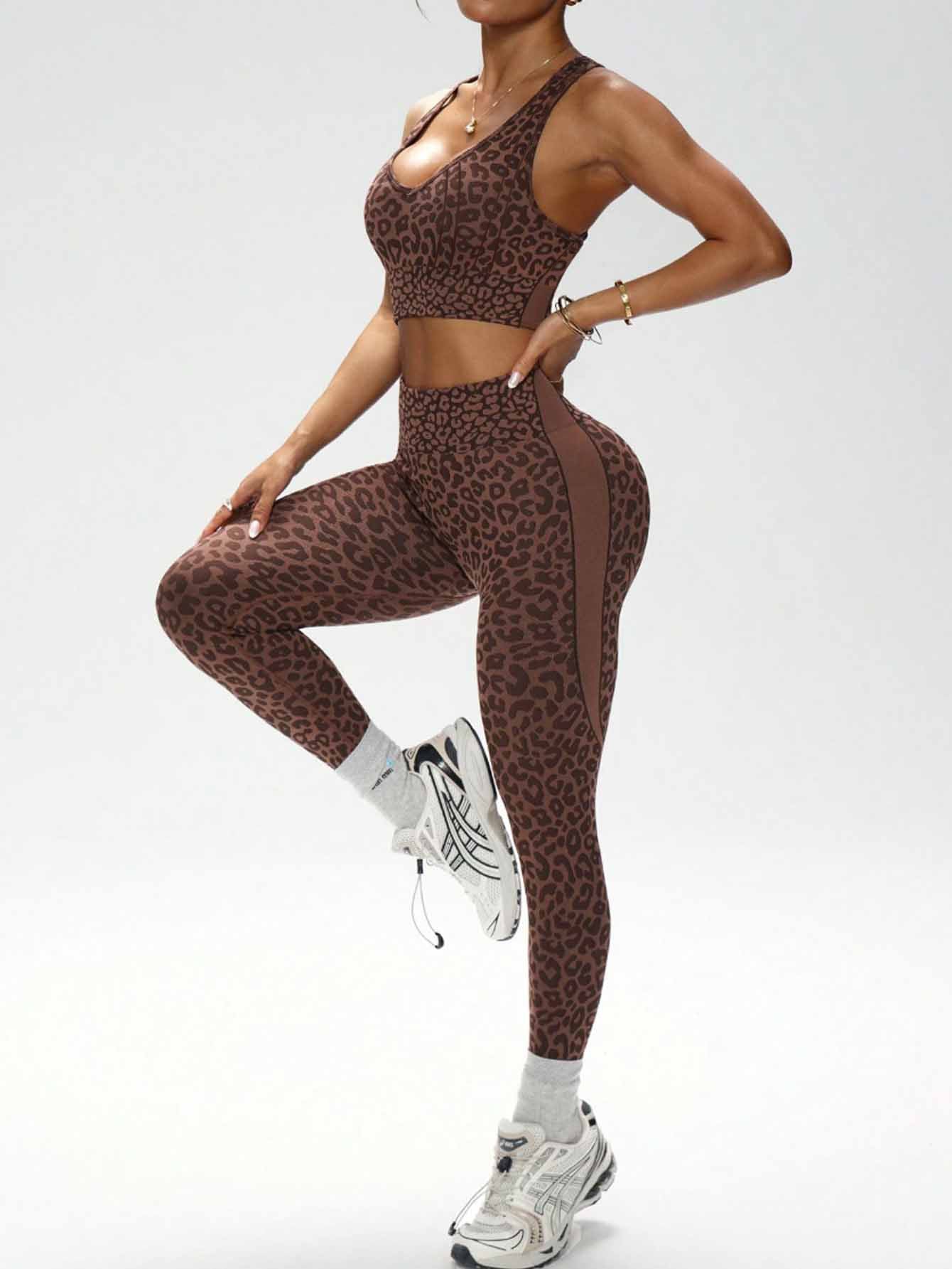 Lila Zen Coffee Leopard Cross-Back Sports Bra & High-Waist Leggings Set