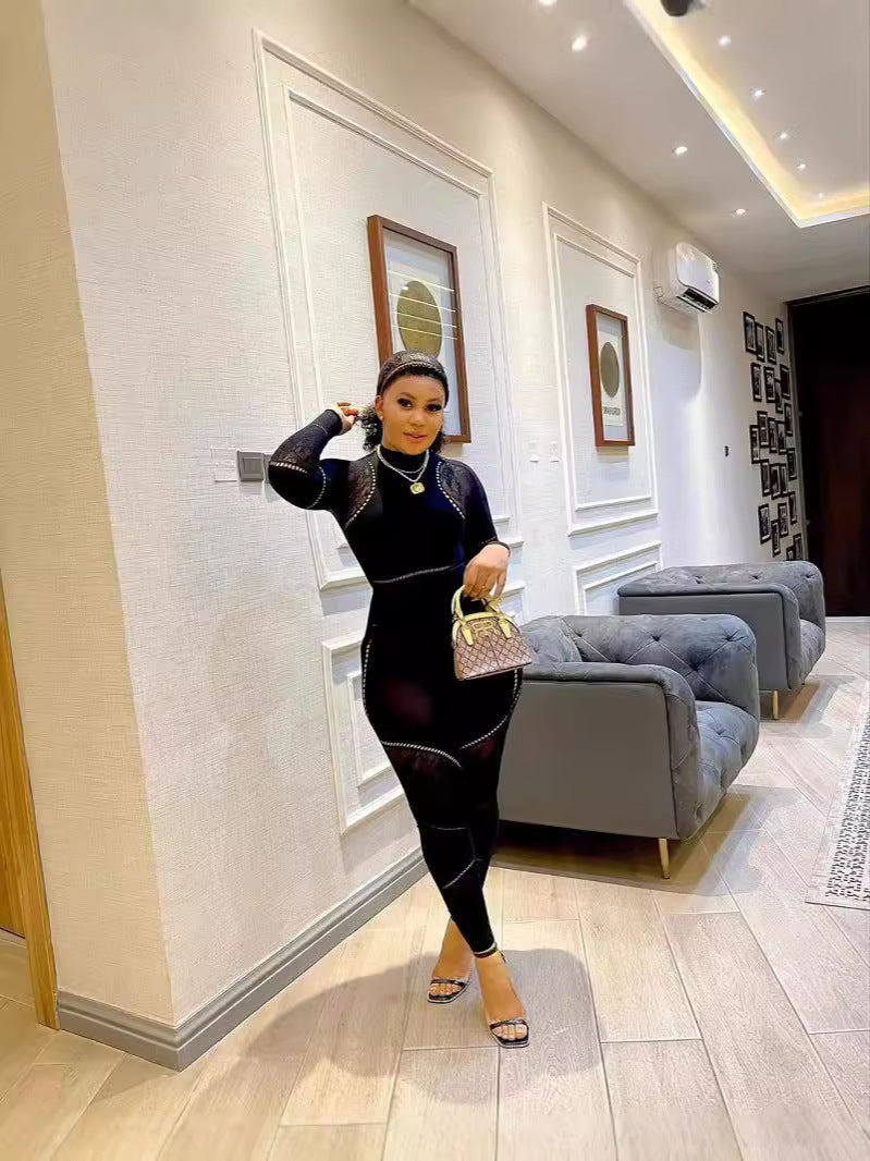 Women's Sexy High-Stretch Knit Jumpsuit Thick Reversible Long Sleeve Catsuit Black Streetwear Free Size