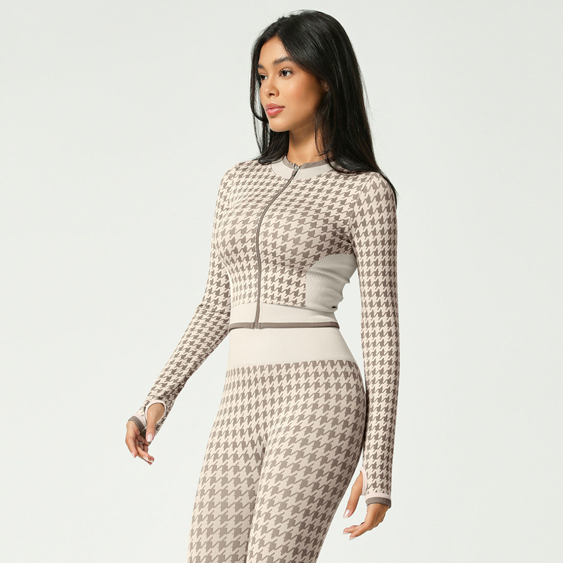 Lila Zen Seamless Houndstooth Print Zip-Up Cardigan Yoga Jacket