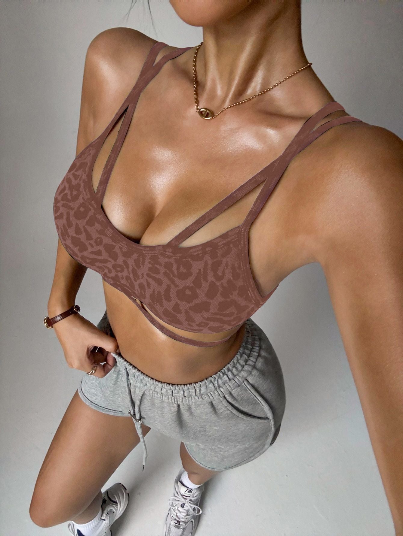 Lila Zen Leopard Print Double Shoulder Straps Crossback Sports Bra