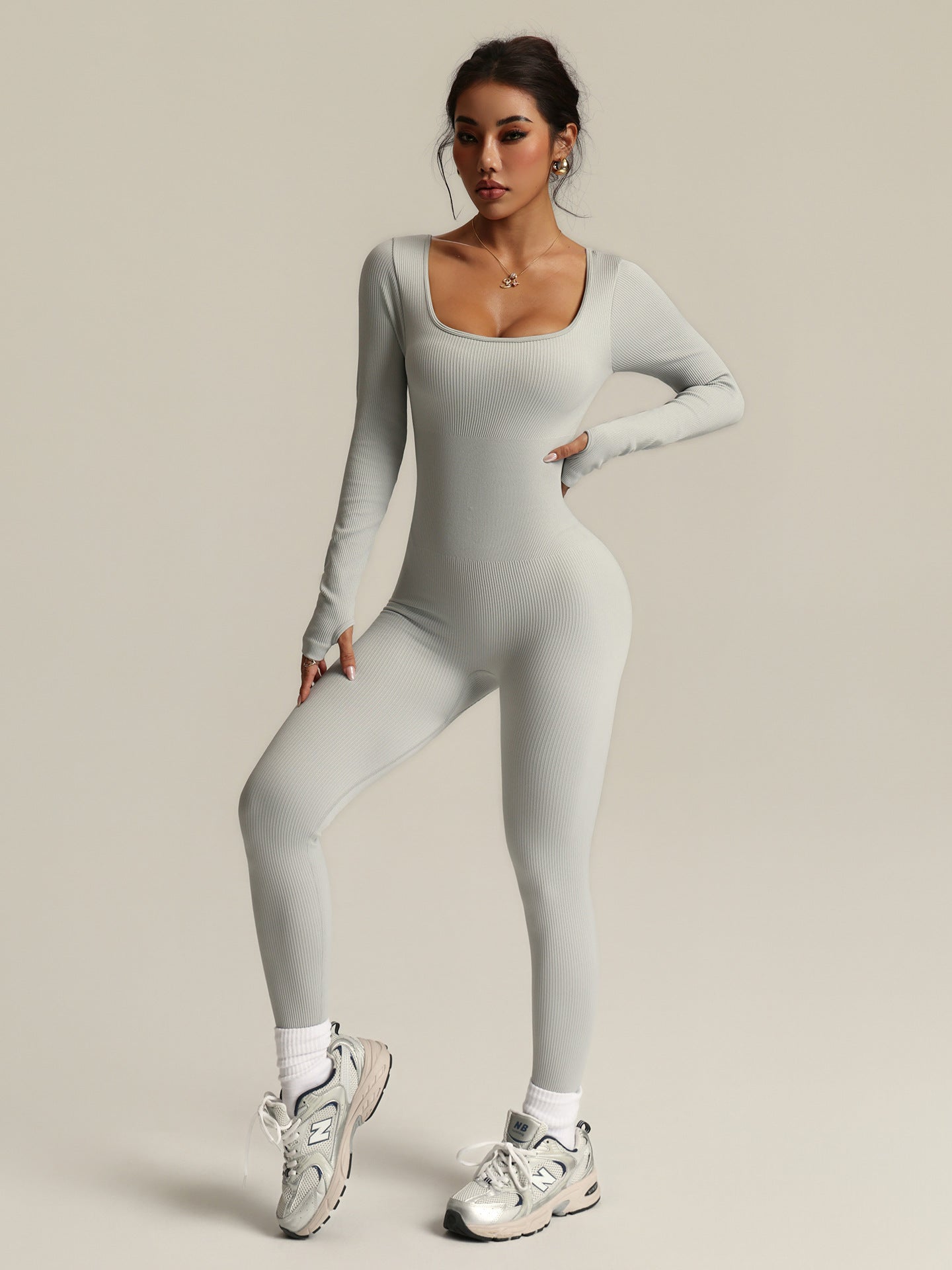 Lila Zen Seamless Square Neckline Drawstring Backless Long-Sleeved Bodysuit Yoga Suit