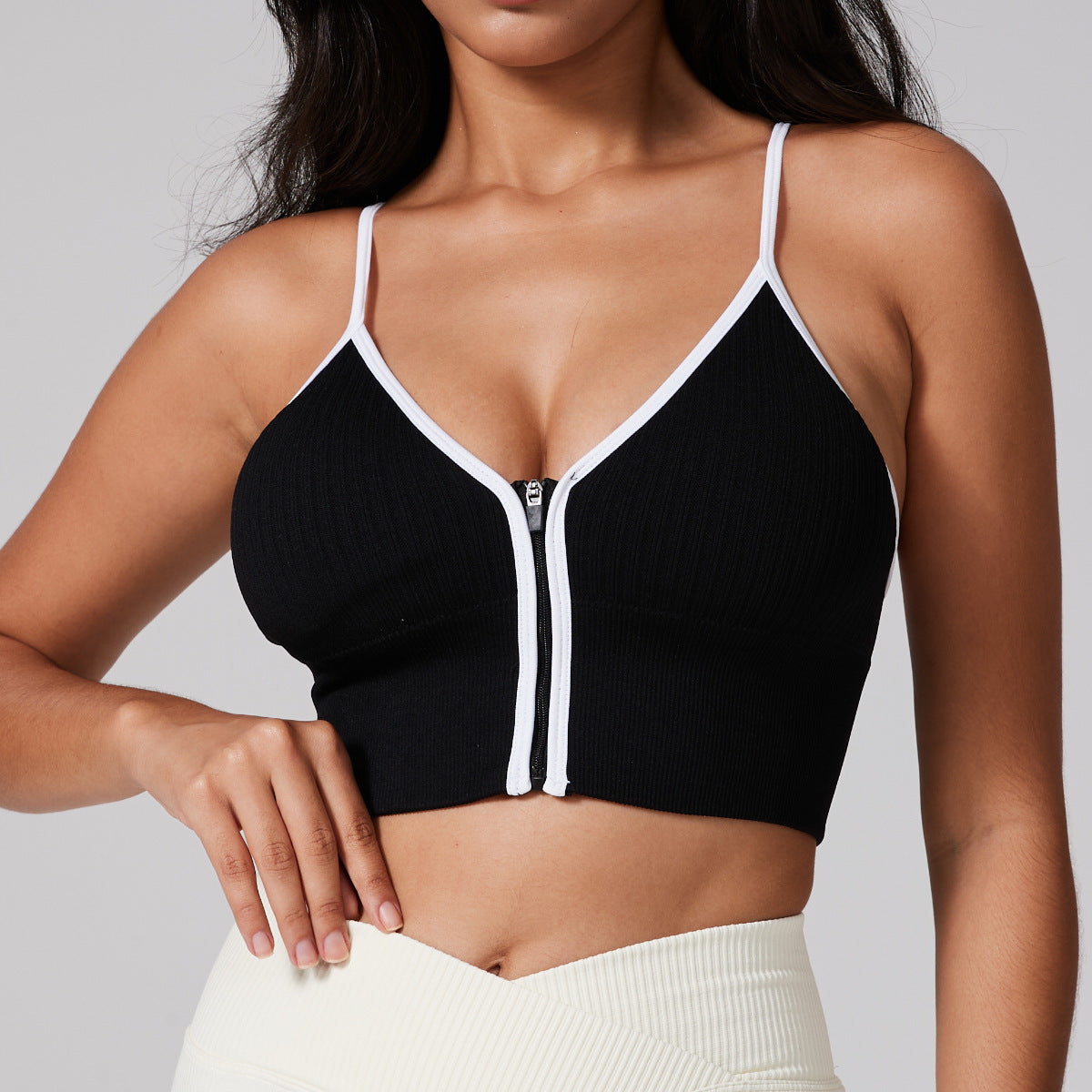 Lila Zen V Lila Zen Front Zipper Color Block Deep V Yoga Fitness Bra