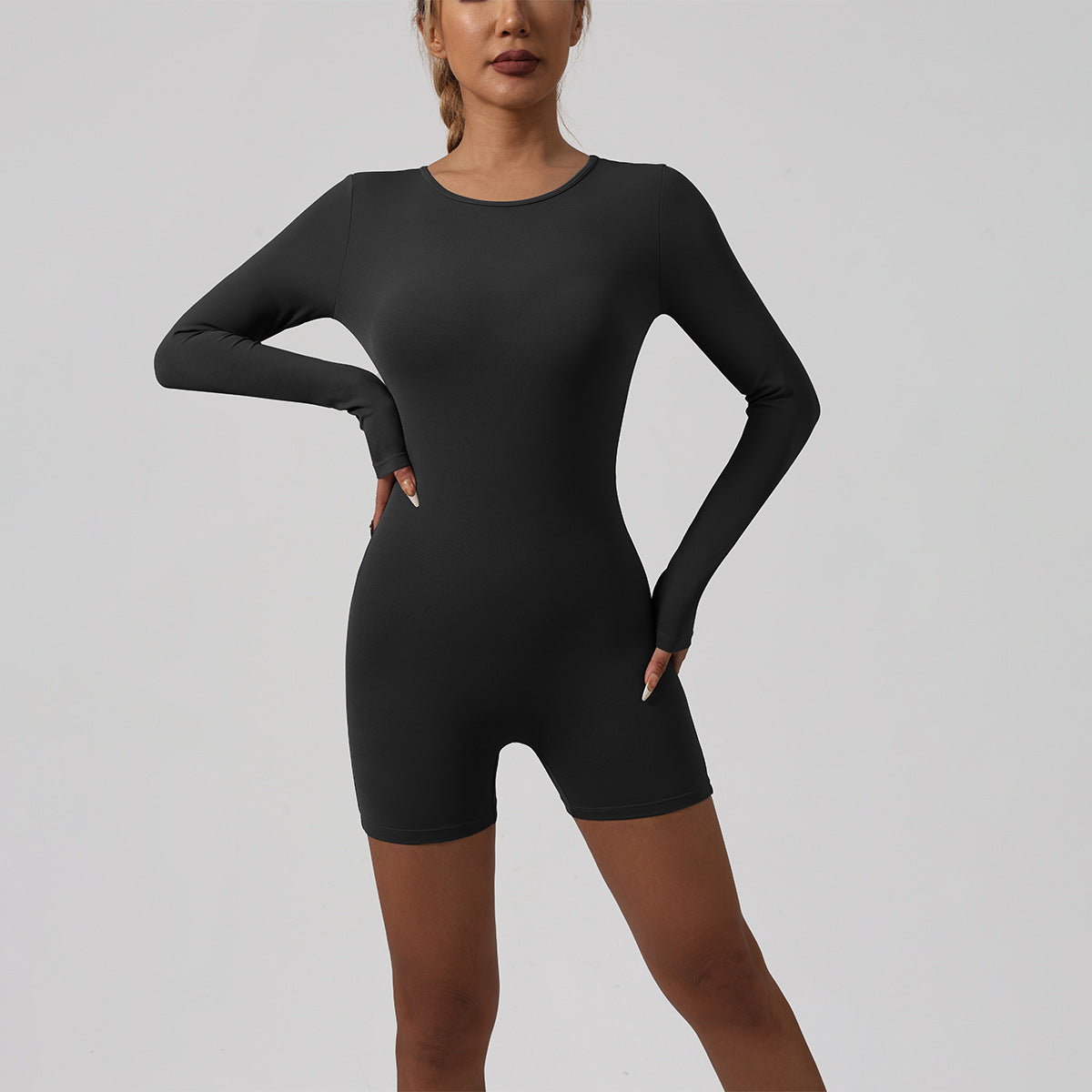 Lila Zen Sexy Backless Long-Sleeved Bodycon Yoga Bodysuit Shorts