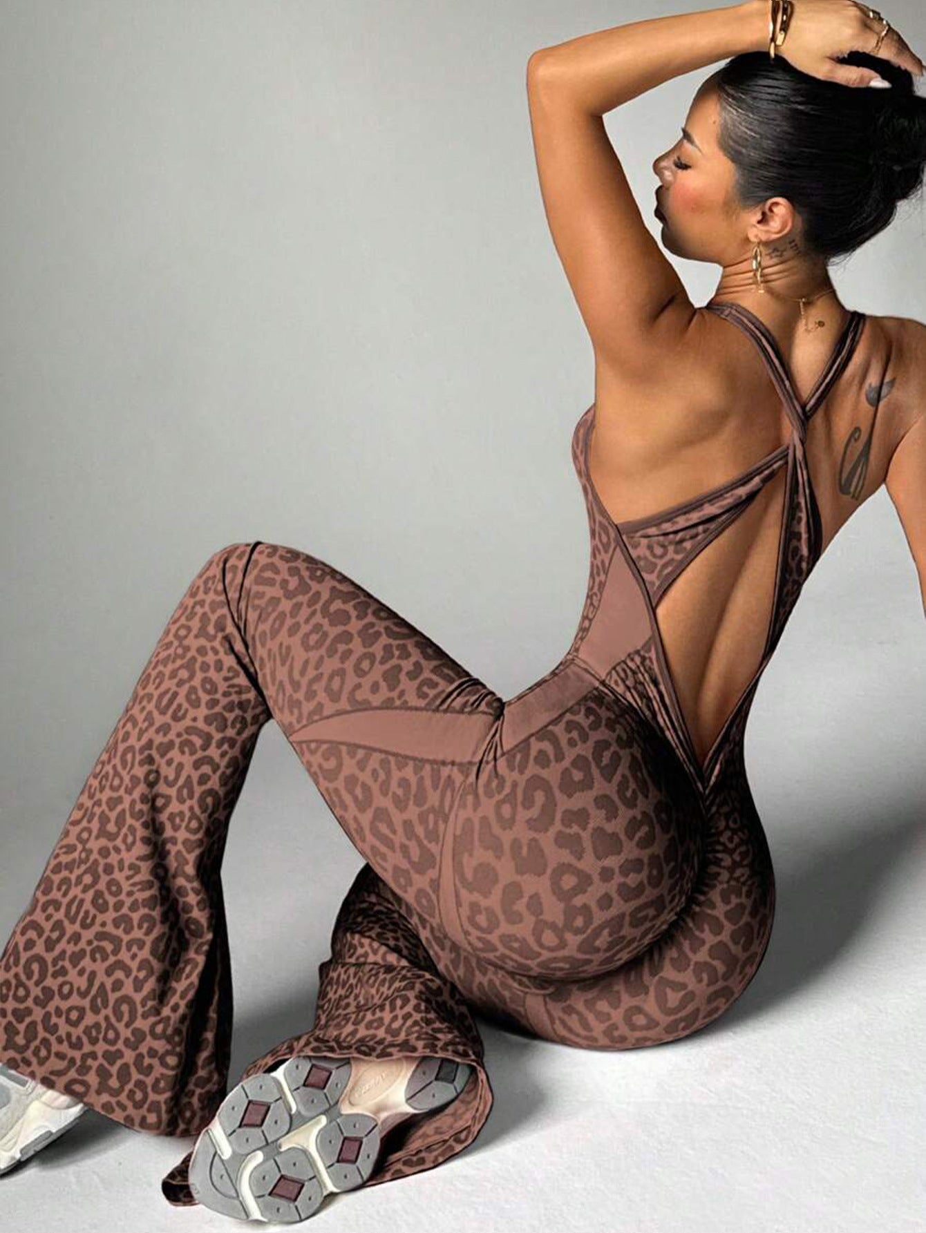 Lila Zen Leopard Print Crossback Flared Jumpsuit Yoga Pants