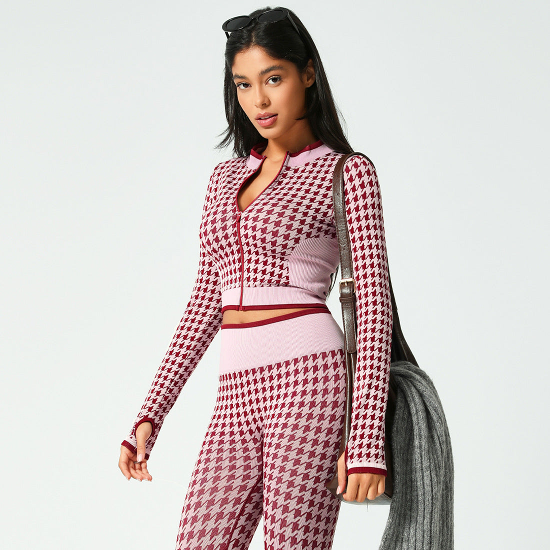 Lila Zen Seamless Houndstooth Print Zip-Up Cardigan Yoga Jacket